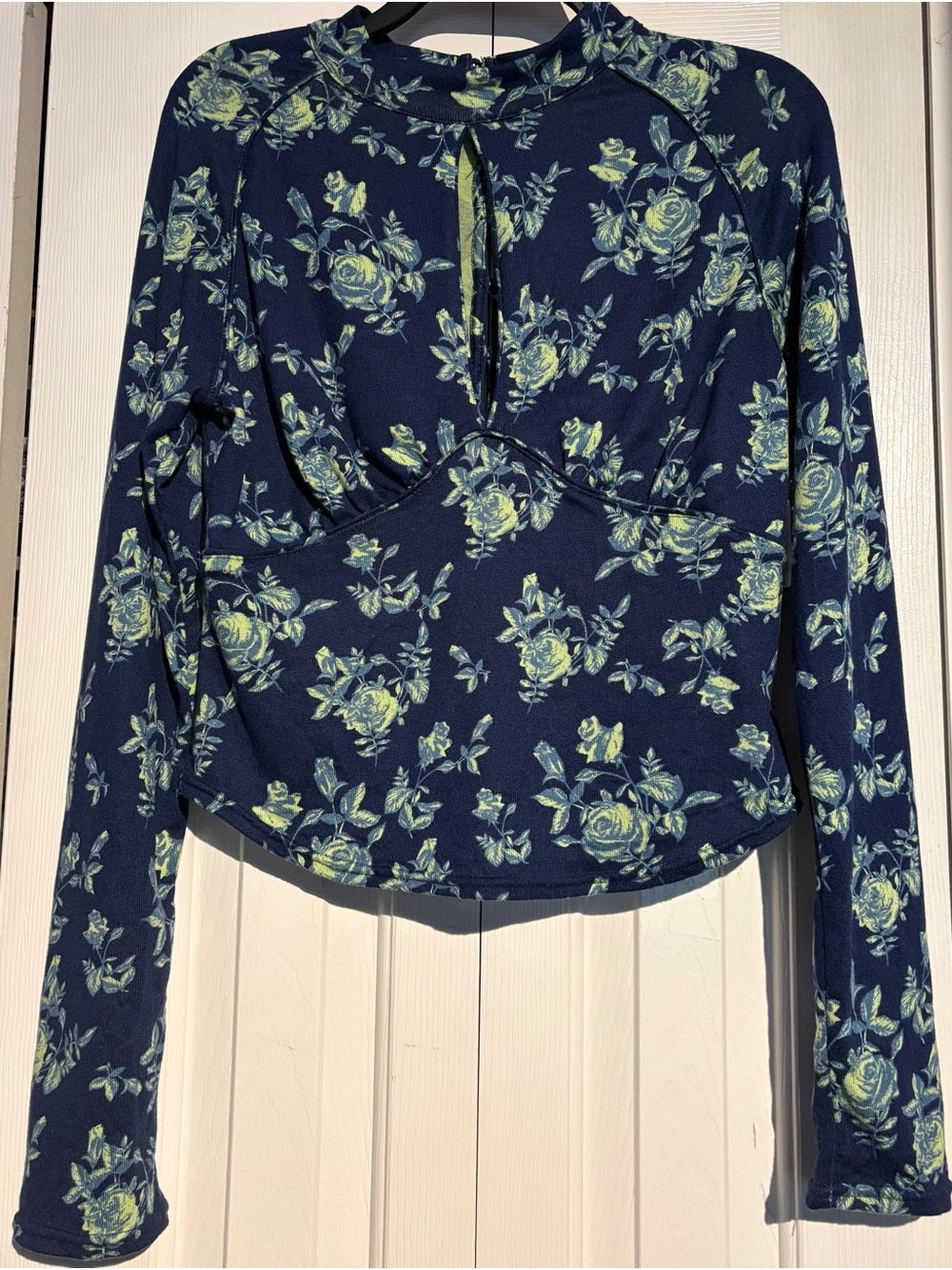 Free People Navy Floral Keyhole Long Sleeve Blouse